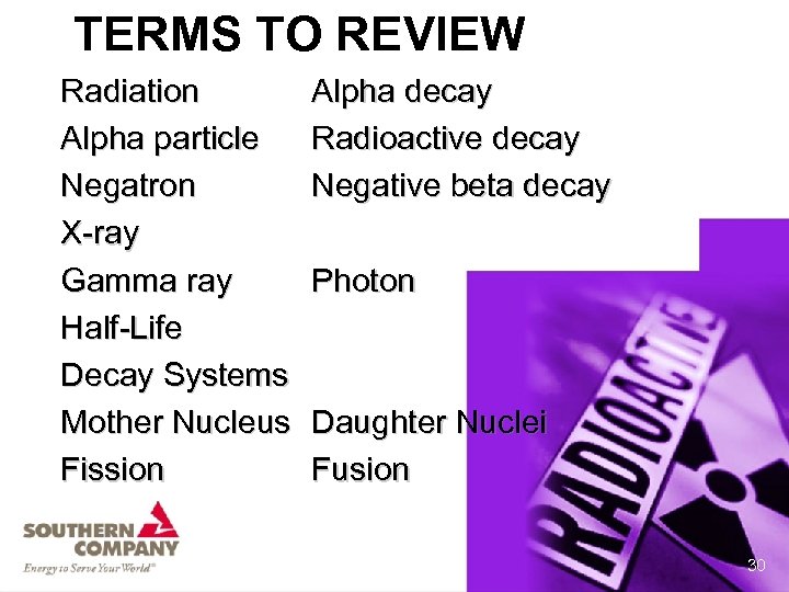 TERMS TO REVIEW Radiation Alpha particle Negatron X-ray Gamma ray Half-Life Decay Systems Mother