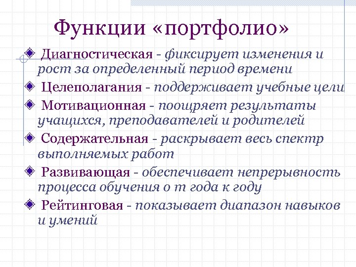 Функции «портфолио» Диагностическая - фиксирует изменения и рост за определенный период времени Целеполагания -