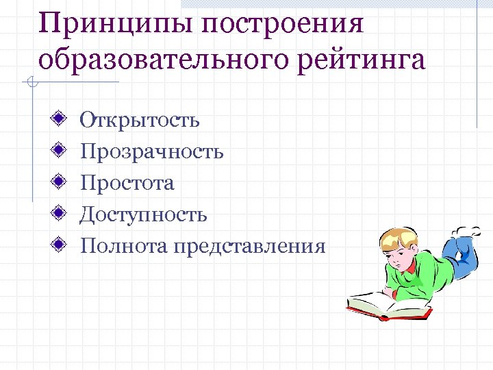 Принципы построения образовательного рейтинга Открытость Прозрачность Простота Доступность Полнота представления 