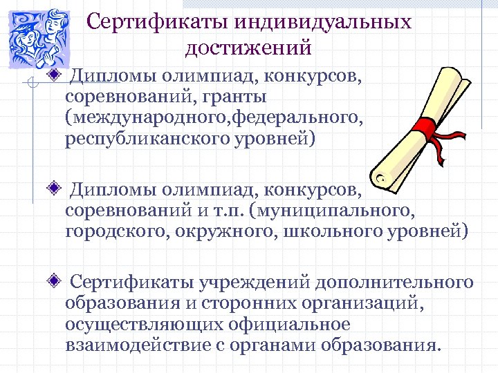 Сертификаты индивидуальных достижений Дипломы олимпиад, конкурсов, соревнований, гранты (международного, федерального, республиканского уровней) Дипломы олимпиад,