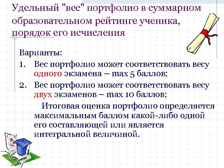 Удельный "вес" портфолио в суммарном образовательном рейтинге ученика, порядок его исчисления Варианты: 1. Вес