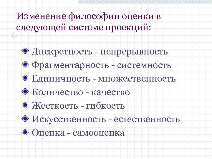 Изменение философии оценки в следующей системе проекций: Дискретность - непрерывность Фрагментарность - системность Единичность