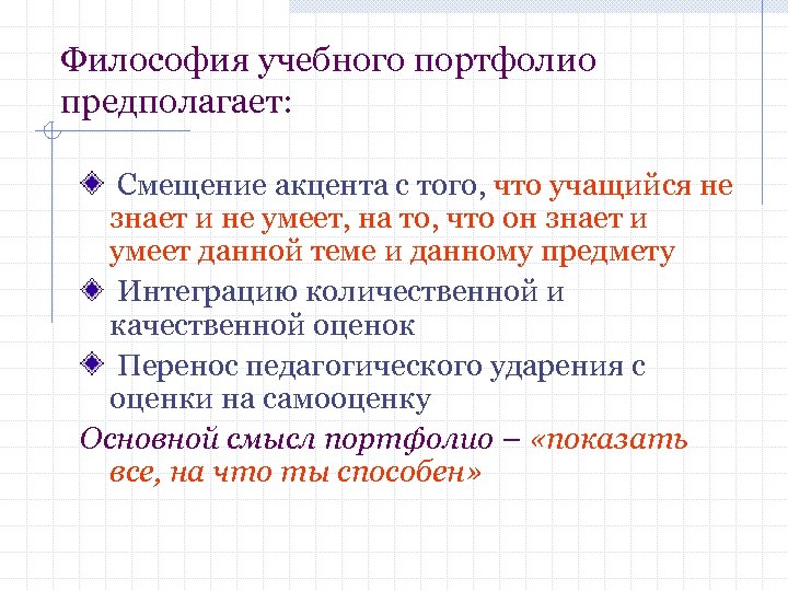 Философия учебного портфолио предполагает: Смещение акцента с того, что учащийся не знает и не