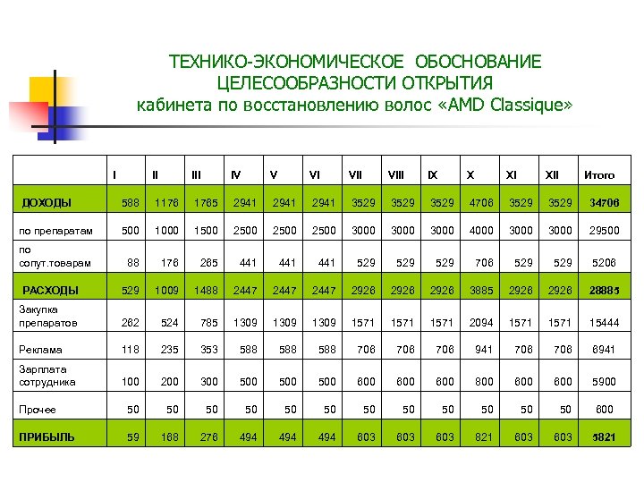 ТЕХНИКО-ЭКОНОМИЧЕСКОЕ ОБОСНОВАНИЕ ЦЕЛЕСООБРАЗНОСТИ ОТКРЫТИЯ кабинета по восстановлению волос «AMD Classique» I II IV V