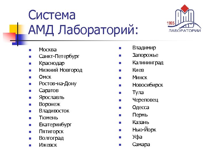 Система АМД Лабораторий: n n n n Москва Санкт-Петербург Краснодар Нижний Новгород Омск Ростов-на-Дону