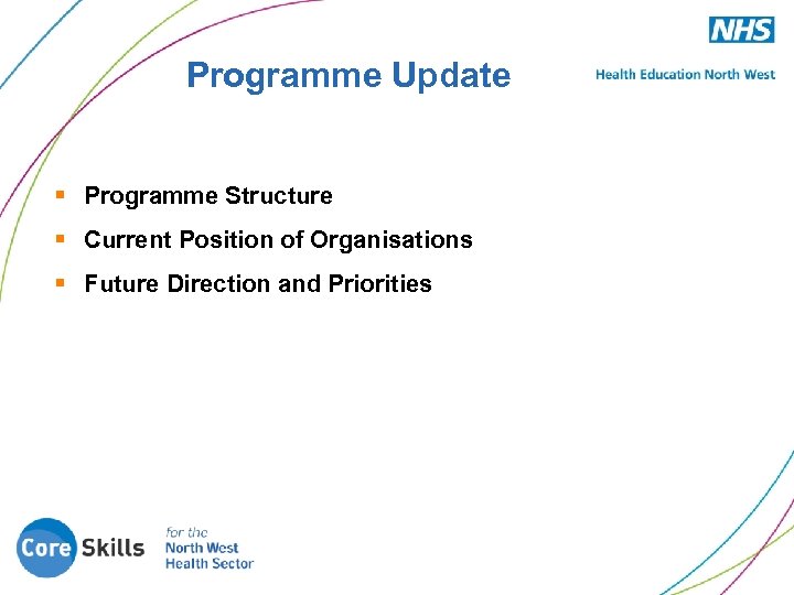 Programme Update § Programme Structure § Current Position of Organisations § Future Direction and