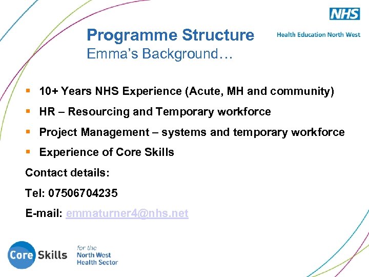Programme Structure Emma’s Background… § 10+ Years NHS Experience (Acute, MH and community) §