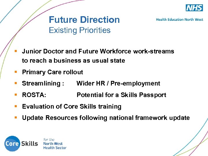 Future Direction Existing Priorities § Junior Doctor and Future Workforce work-streams to reach a
