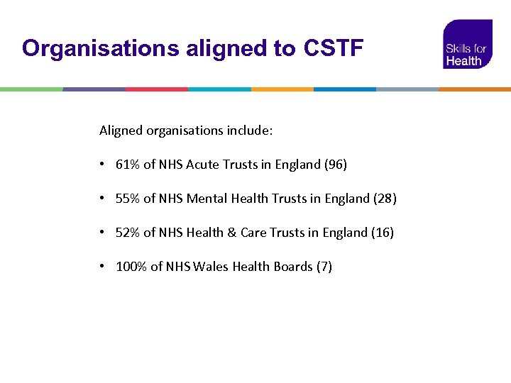 Organisations aligned to CSTF Aligned organisations include: • 61% of NHS Acute Trusts in