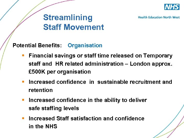 Streamlining Staff Movement Potential Benefits: Organisation § Financial savings or staff time released on
