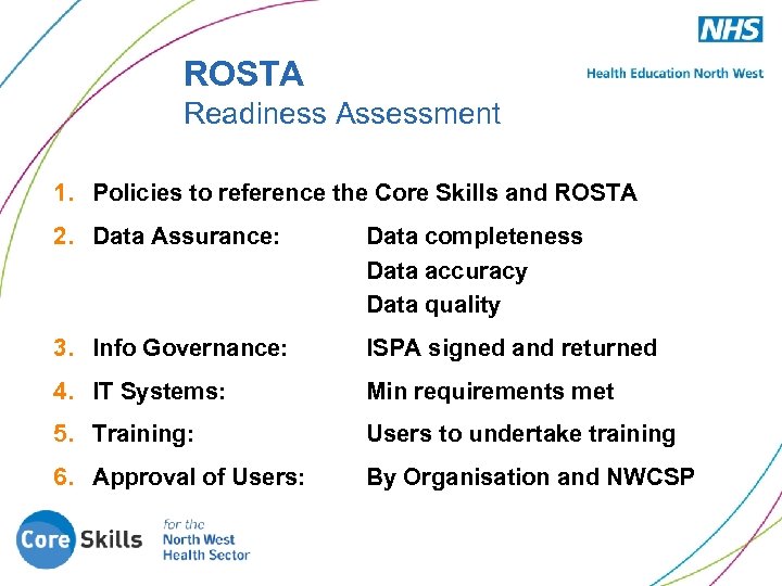 ROSTA Readiness Assessment 1. Policies to reference the Core Skills and ROSTA 2. Data