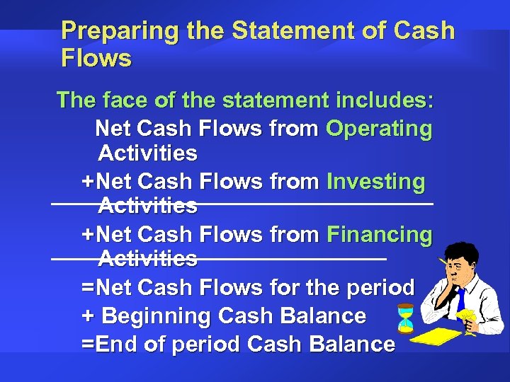 Preparing the Statement of Cash Flows The face of the statement includes: Net Cash