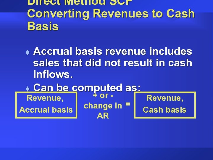 Direct Method SCF Converting Revenues to Cash Basis Accrual basis revenue includes sales that