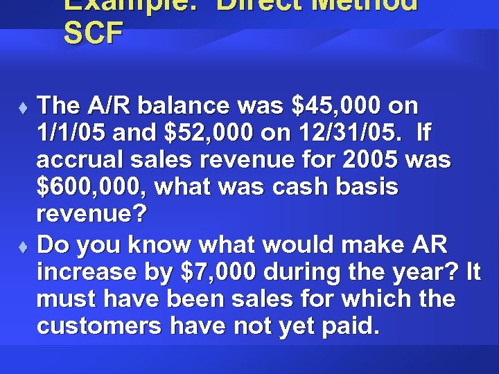 Example: Direct Method SCF The A/R balance was $45, 000 on 1/1/05 and $52,