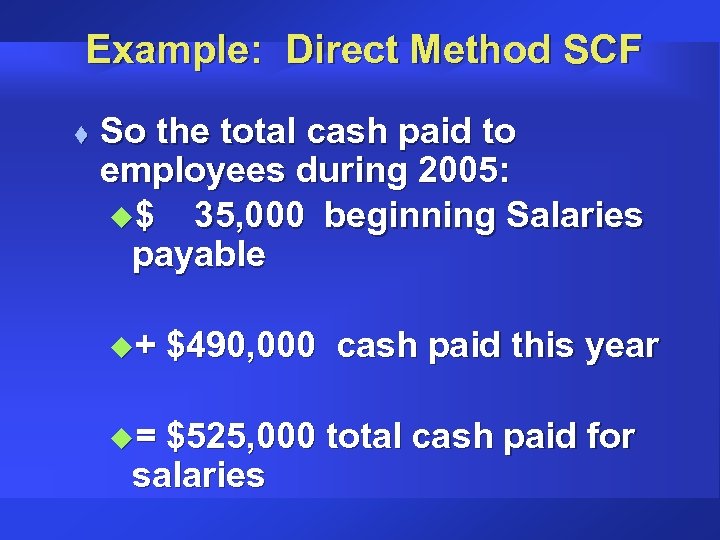Example: Direct Method SCF t So the total cash paid to employees during 2005:
