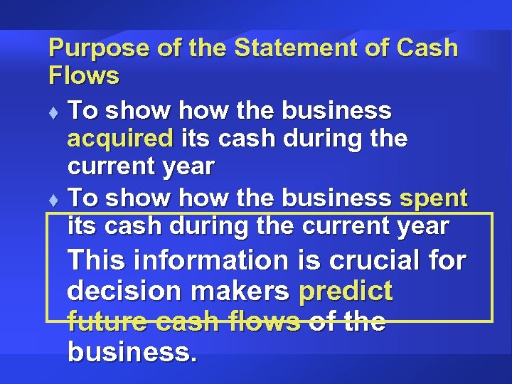 Purpose of the Statement of Cash Flows t To show the business acquired its