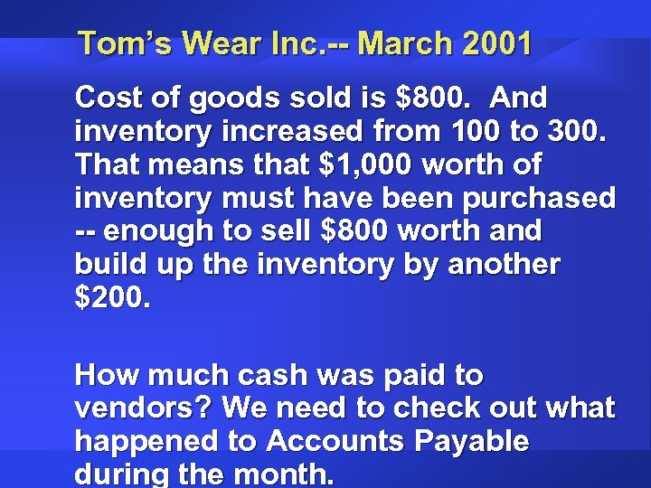Tom’s Wear Inc. -- March 2001 Cost of goods sold is $800. And inventory