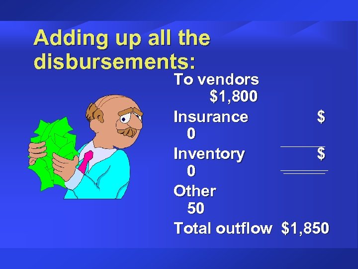 Adding up all the disbursements: To vendors $1, 800 Insurance $ 0 Inventory $
