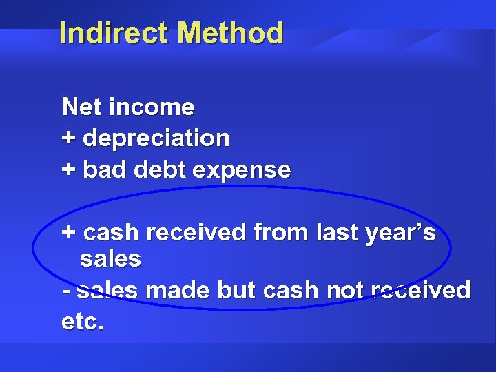 Indirect Method Net income + depreciation + bad debt expense + cash received from