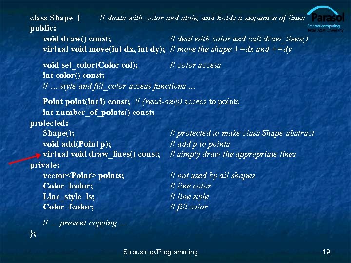 class Shape { // deals with color and style, and holds a sequence of