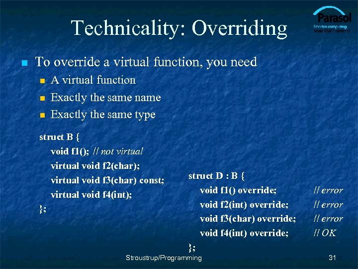 Technicality: Overriding n To override a virtual function, you need n n n A