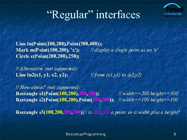 “Regular” interfaces Line ln(Point(100, 200), Point(300, 400)); Mark m(Point(100, 200), 'x'); // display a