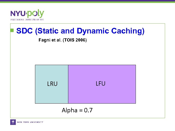 SDC (Static and Dynamic Caching) Fagni et al. (TOIS 2006) LFU LRU Alpha =