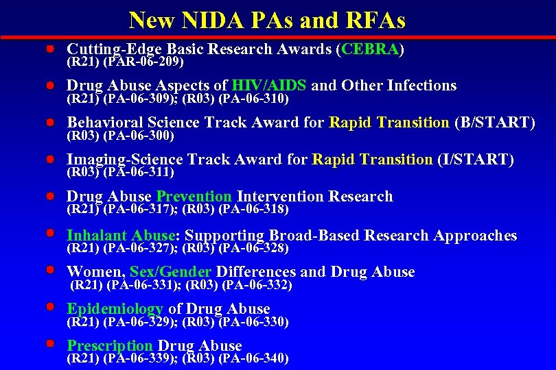 New NIDA PAs and RFAs Cutting-Edge Basic Research Awards (CEBRA) (R 21) (PAR-06 -209)