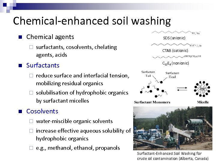 Chemical-enhanced soil washing n Chemical agents ¨ n surfactants, cosolvents, chelating agents, acids Surfactants