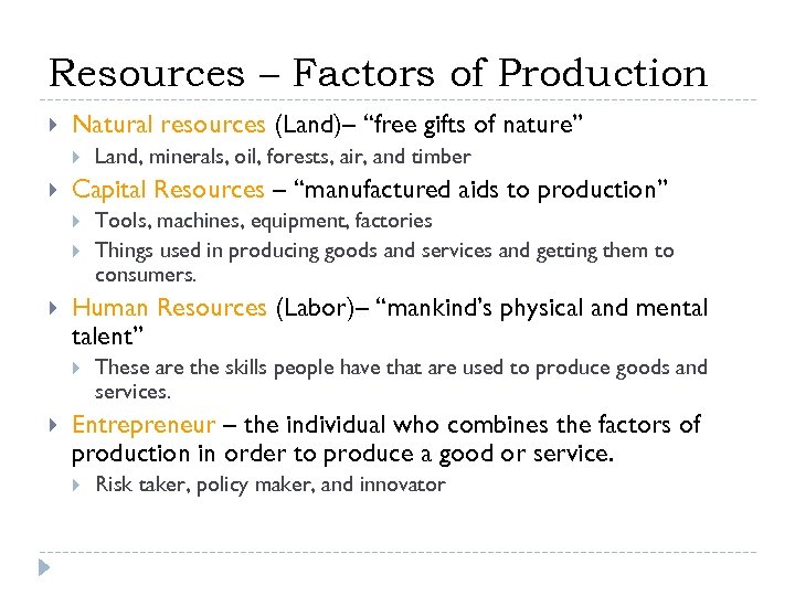 Resources – Factors of Production Natural resources (Land)– “free gifts of nature” Capital Resources