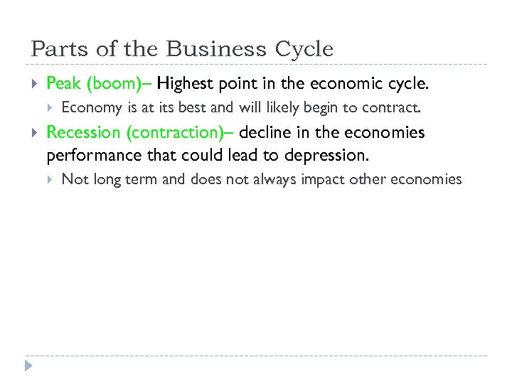 Parts of the Business Cycle Peak (boom)– Highest point in the economic cycle. Economy