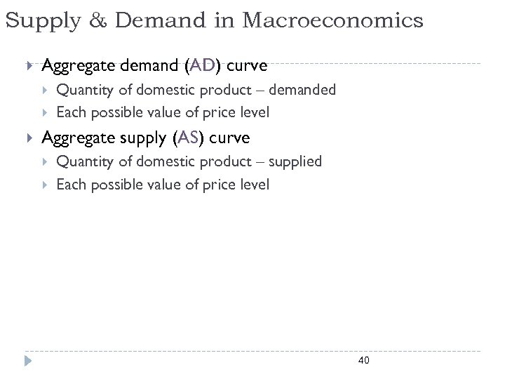 Supply & Demand in Macroeconomics Aggregate demand (AD) curve AD Quantity of domestic product