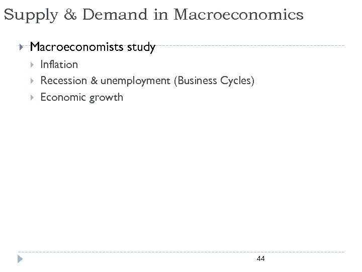 Supply & Demand in Macroeconomics Macroeconomists study Inflation Recession & unemployment (Business Cycles) Economic
