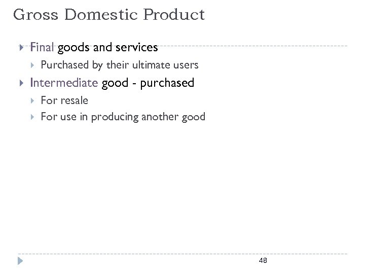 Gross Domestic Product Final goods and services Purchased by their ultimate users Intermediate good