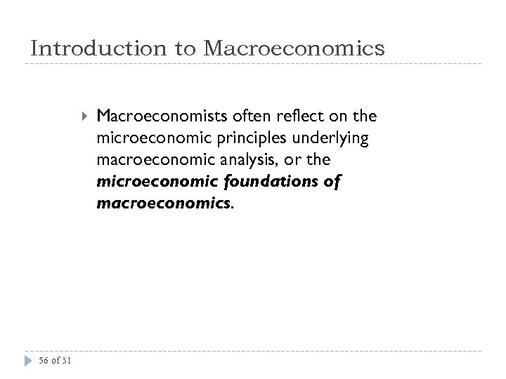 Introduction to Macroeconomics 56 of 31 Macroeconomists often reflect on the microeconomic principles underlying