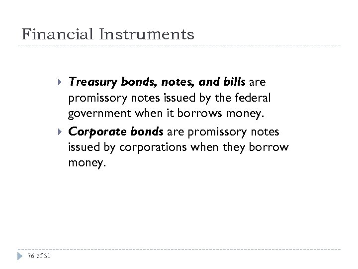 Financial Instruments 76 of 31 Treasury bonds, notes, and bills are promissory notes issued