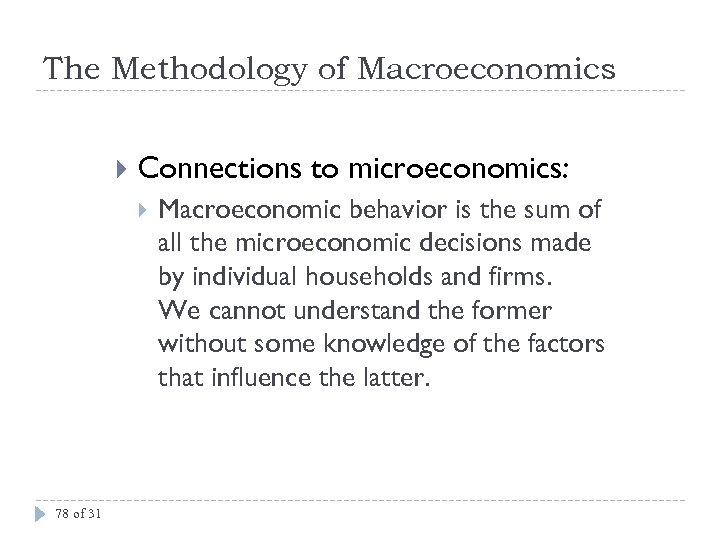 The Methodology of Macroeconomics Connections to microeconomics: 78 of 31 Macroeconomic behavior is the