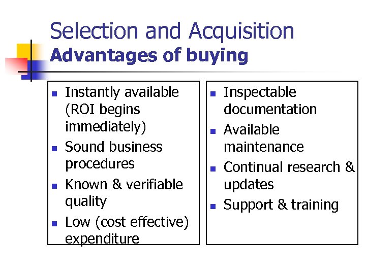 Selection and Acquisition Advantages of buying n n Instantly available (ROI begins immediately) Sound