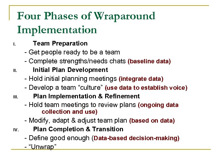 Four Phases of Wraparound Implementation I. III. IV. Team Preparation - Get people ready