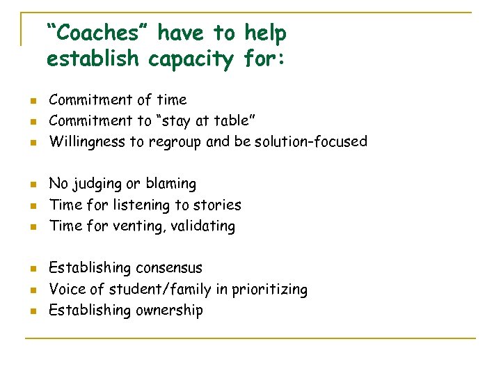 “Coaches” have to help establish capacity for: n n n n n Commitment of