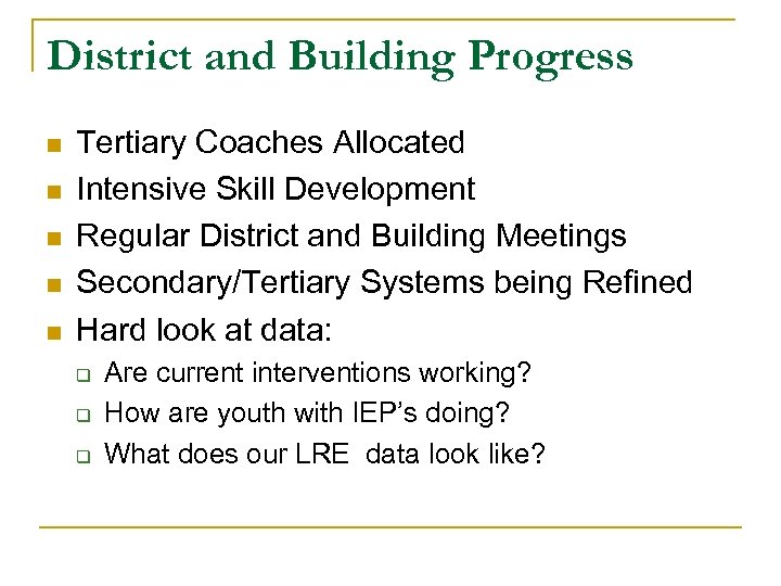 District and Building Progress n n n Tertiary Coaches Allocated Intensive Skill Development Regular