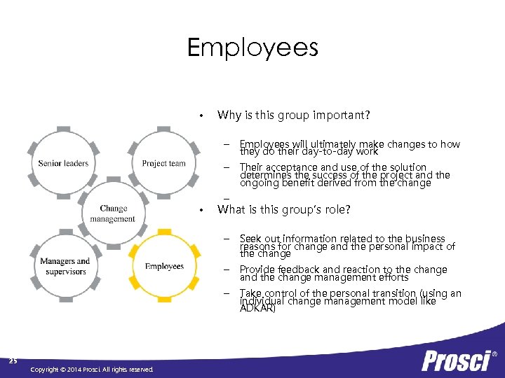 Employees • • Why is this group important? – Employees will ultimately make changes