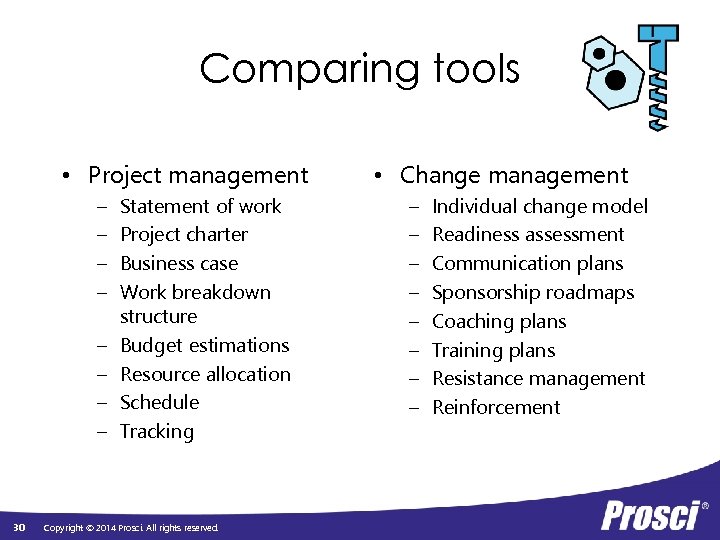 Comparing tools • Project management – – – – 30 Statement of work Project