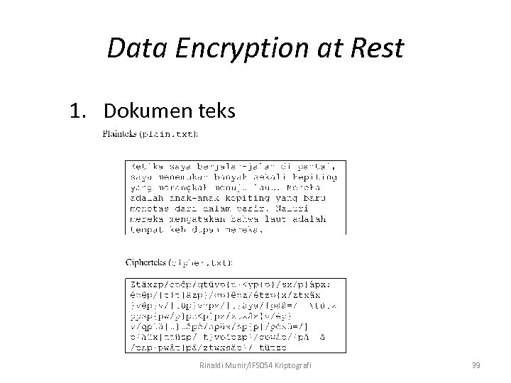 Data Encryption at Rest 1. Dokumen teks Rinaldi Munir/IF 5054 Kriptografi 39 