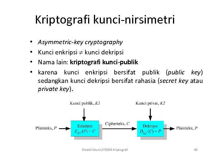 Kriptografi kunci-nirsimetri • • Asymmetric-key cryptography Kunci enkripsi kunci dekripsi Nama lain: kriptografi kunci-publik