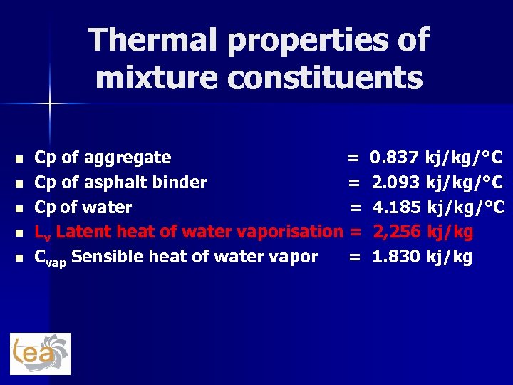 Thermal properties of mixture constituents n n n Cp of aggregate = Cp of