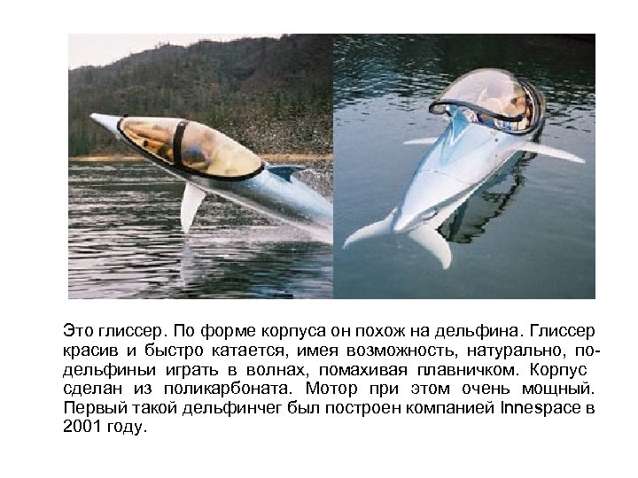 Это глиссер. По форме корпуса он похож на дельфина. Глиссер красив и быстро катается,