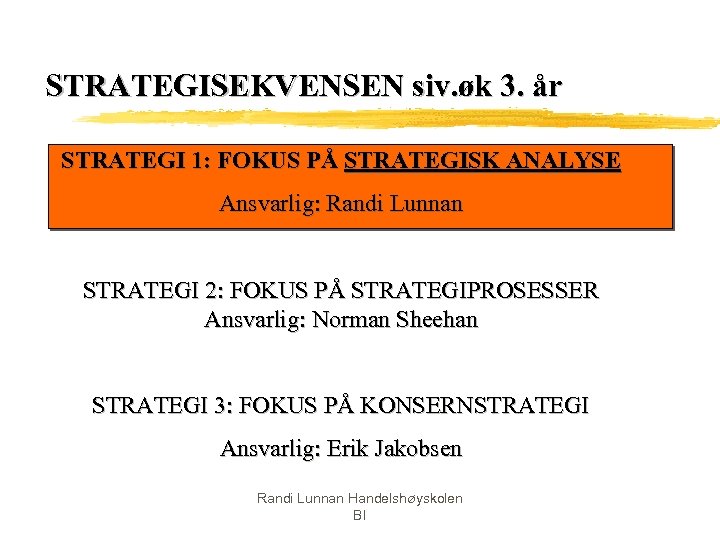 STRATEGISEKVENSEN siv. øk 3. år STRATEGI 1: FOKUS PÅ STRATEGISK ANALYSE Ansvarlig: Randi Lunnan