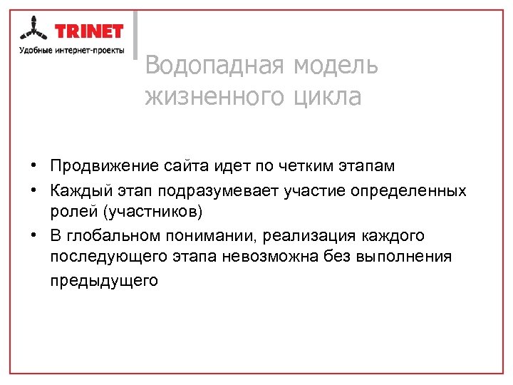 Водопадная модель жизненного цикла • Продвижение сайта идет по четким этапам • Каждый этап