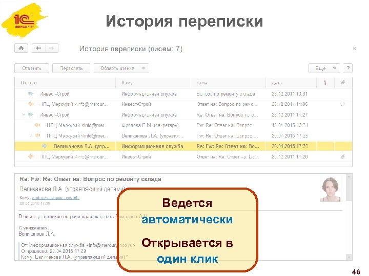 История переписки Ведется автоматически Открывается в один клик 46 